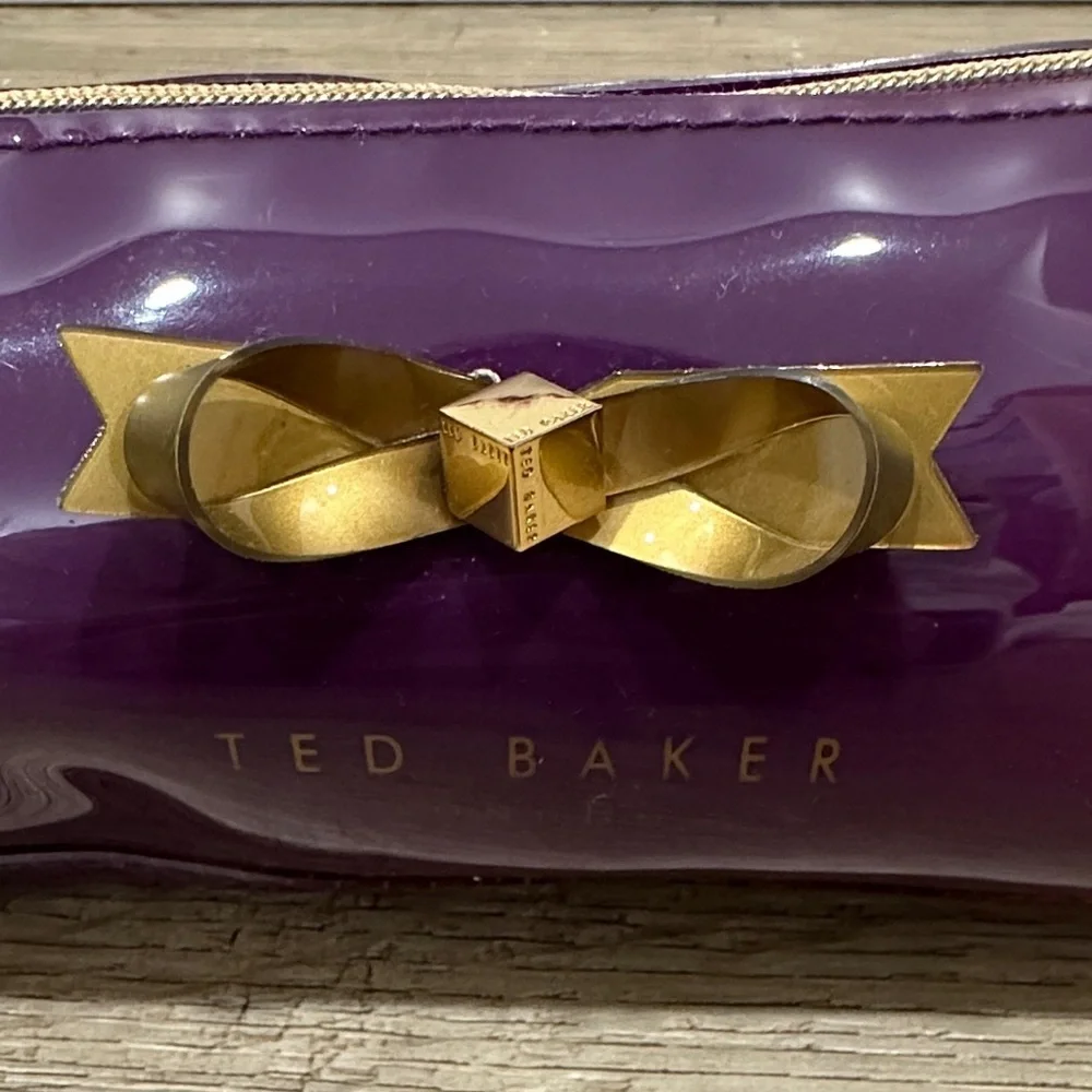 Ted Baker Aker Purple Oxblood pencil case bow patent glossy pouch cosmetic bag